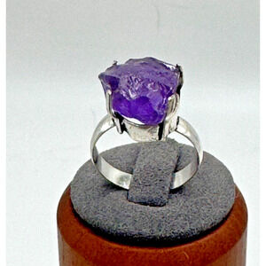 Raw Crystal Amethyst Ring .925 Stone Ring Sz 8 - 4.55 Grams